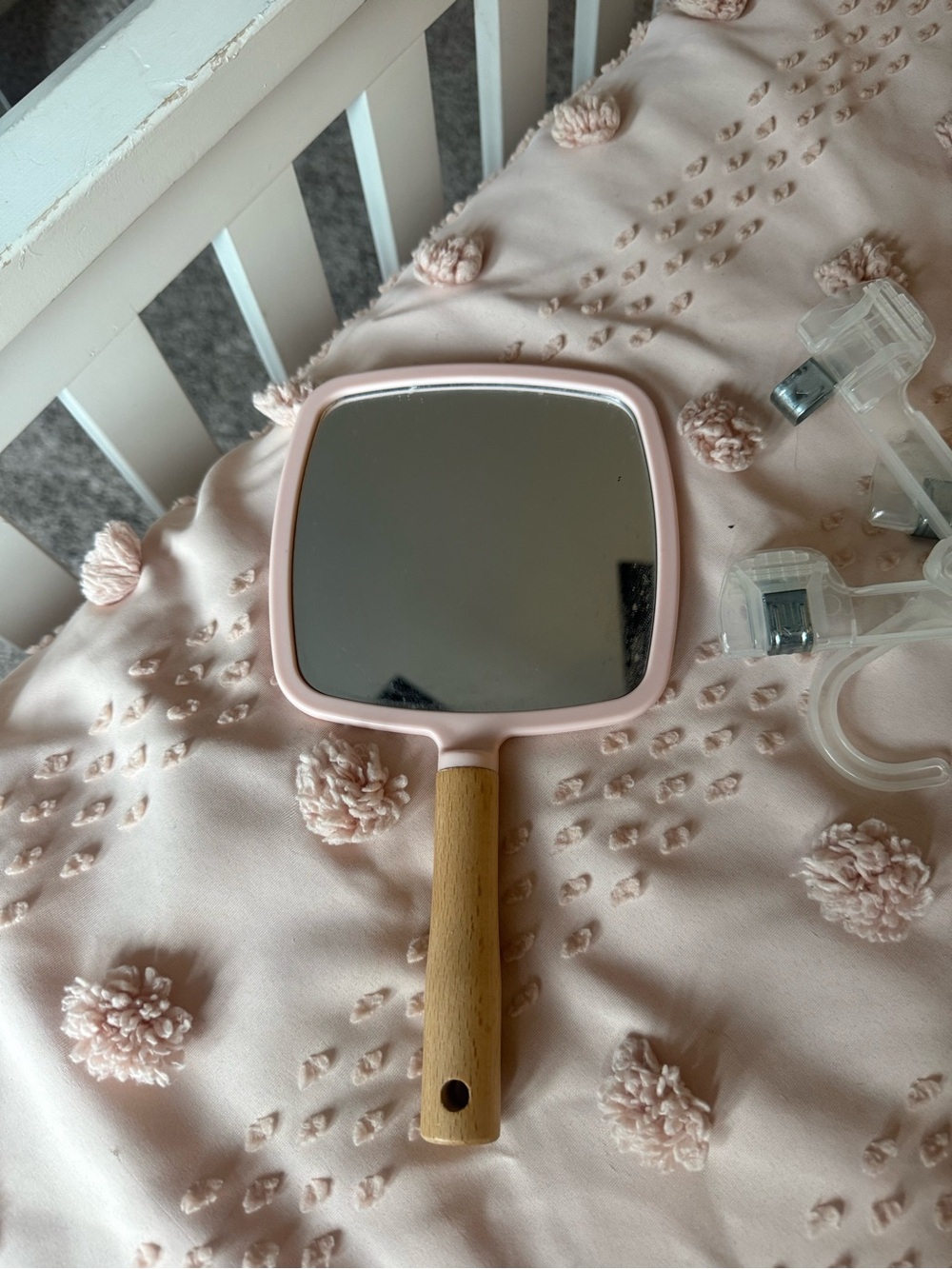 Wood-Handled Pink Hand Mirror